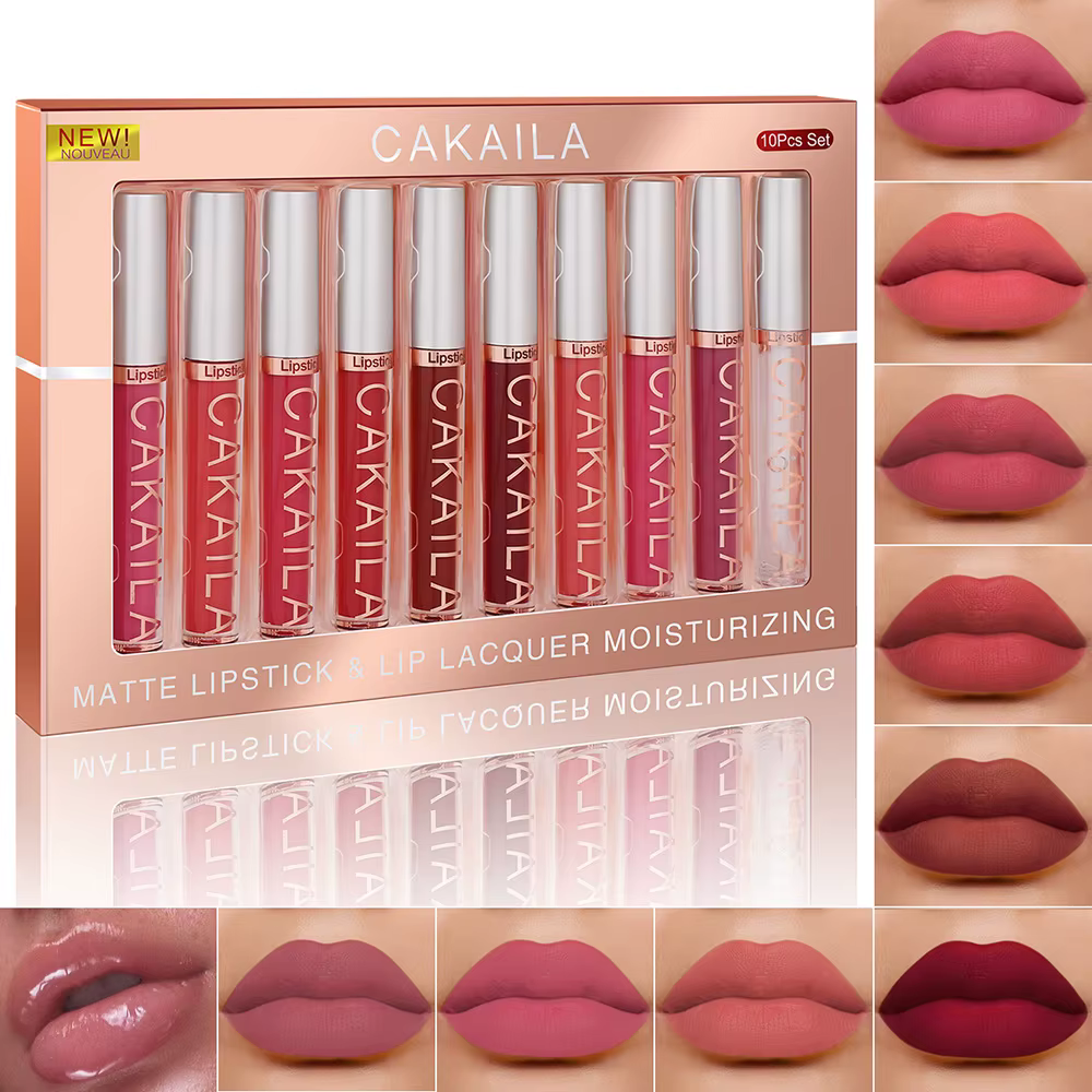 CAKAILA 10pcs Nude Matte Velvet Lipstick Set Waterproof Long-Lasting Liquid Lip Gloss Moist Lip Tint for Women