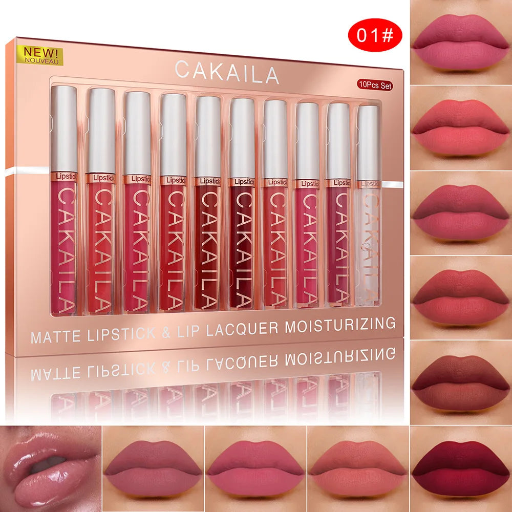 CAKAILA 10pcs Nude Matte Velvet Lipstick Set Waterproof Long-Lasting Liquid Lip Gloss Moist Lip Tint for Women