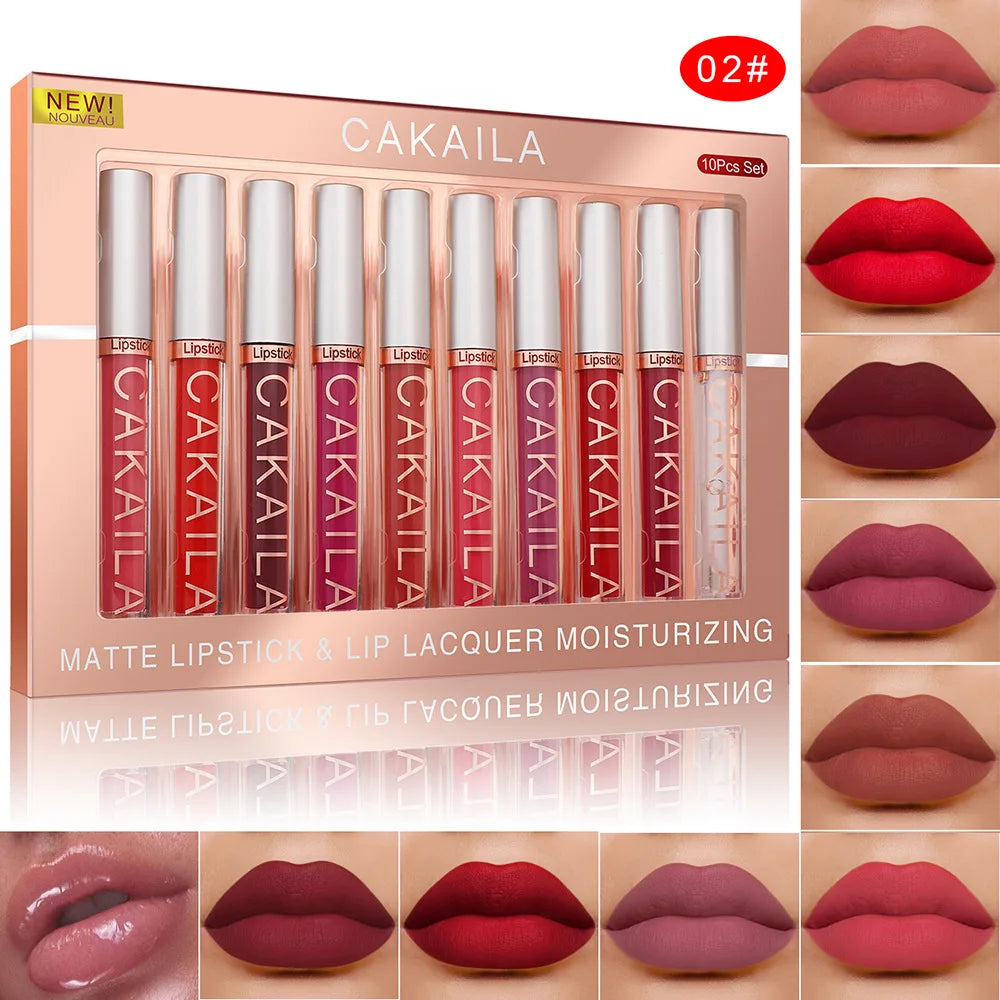 CAKAILA 10pcs Nude Matte Velvet Lipstick Set Waterproof Long-Lasting Liquid Lip Gloss Moist Lip Tint for Women