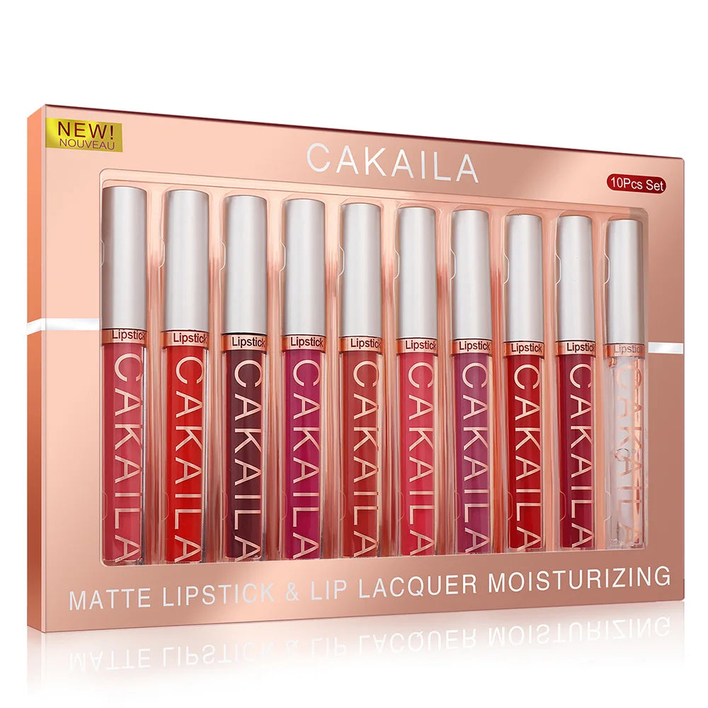 CAKAILA 10pcs Nude Matte Velvet Lipstick Set Waterproof Long-Lasting Liquid Lip Gloss Moist Lip Tint for Women