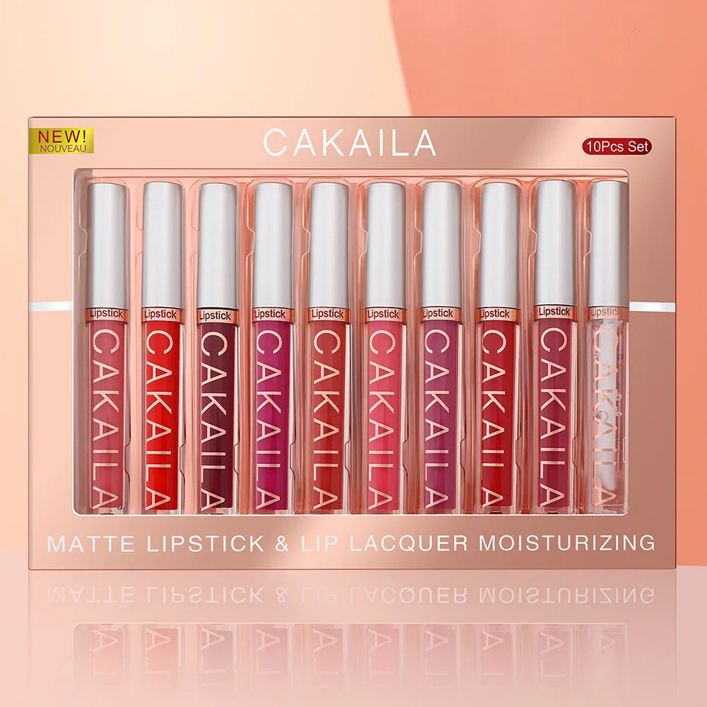 CAKAILA 10pcs Nude Matte Velvet Lipstick Set Waterproof Long-Lasting Liquid Lip Gloss Moist Lip Tint for Women